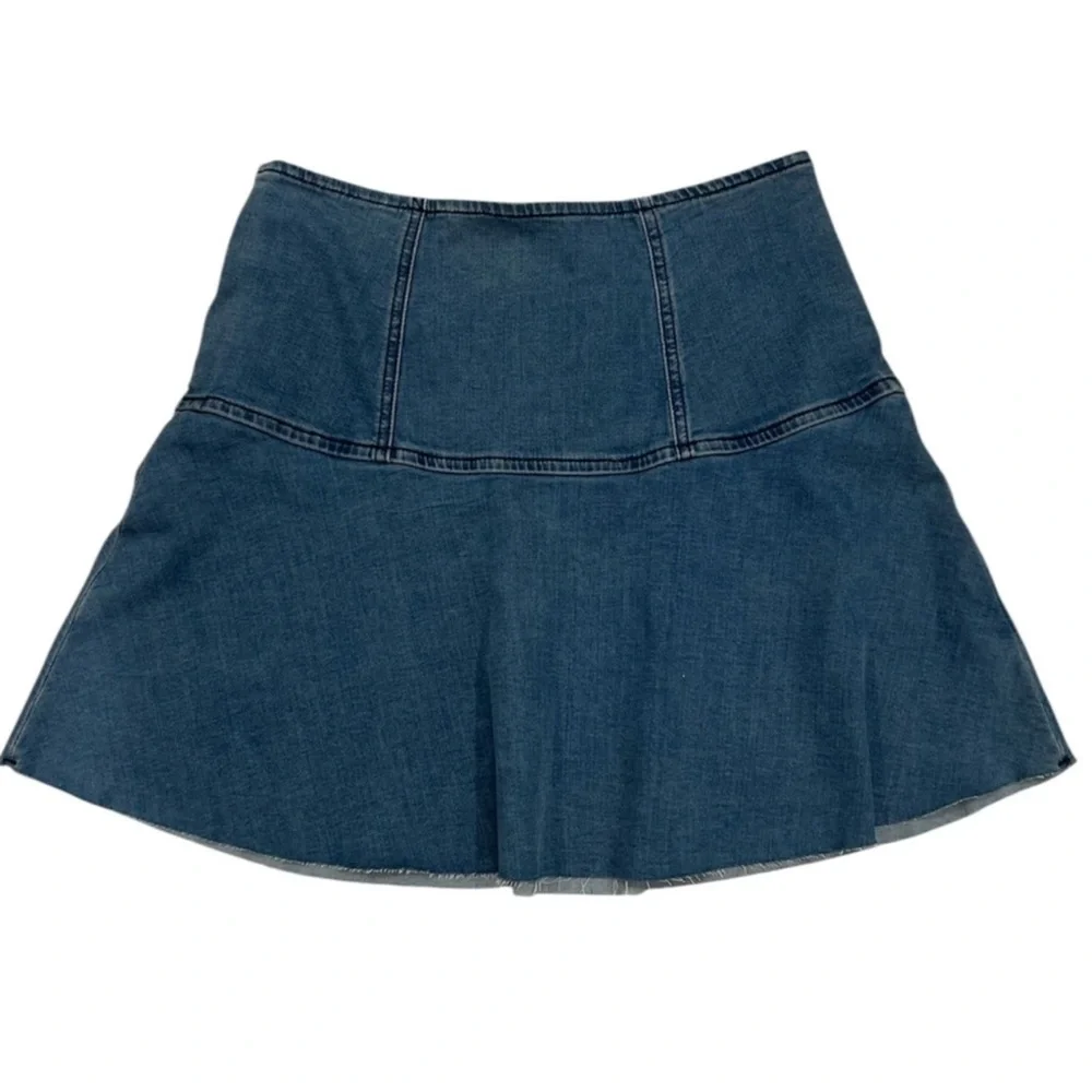 Free People Highlands Denim Blue Asymmetrical Skater Mini Skirt Raw Hem Y2K 90s